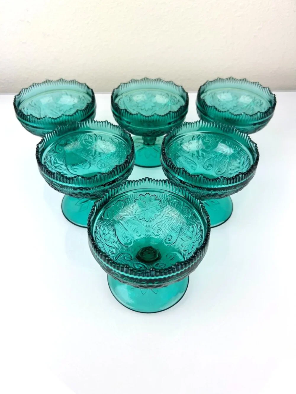 Tiara Indiana Green Glass Spruce Sherbet Compote Pedestal Bowls Cups Set of 6